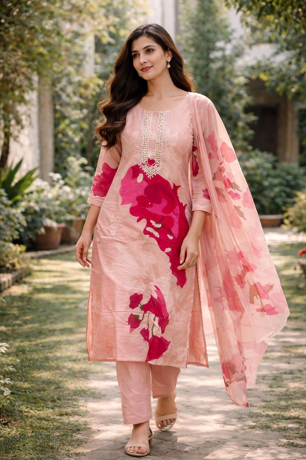 Fuchsia pink by Sandhya Reddy Dola Silk Floral Printed Dress with Mirror  Embroidery – Designer Festive Wear – Fuchsia Pink