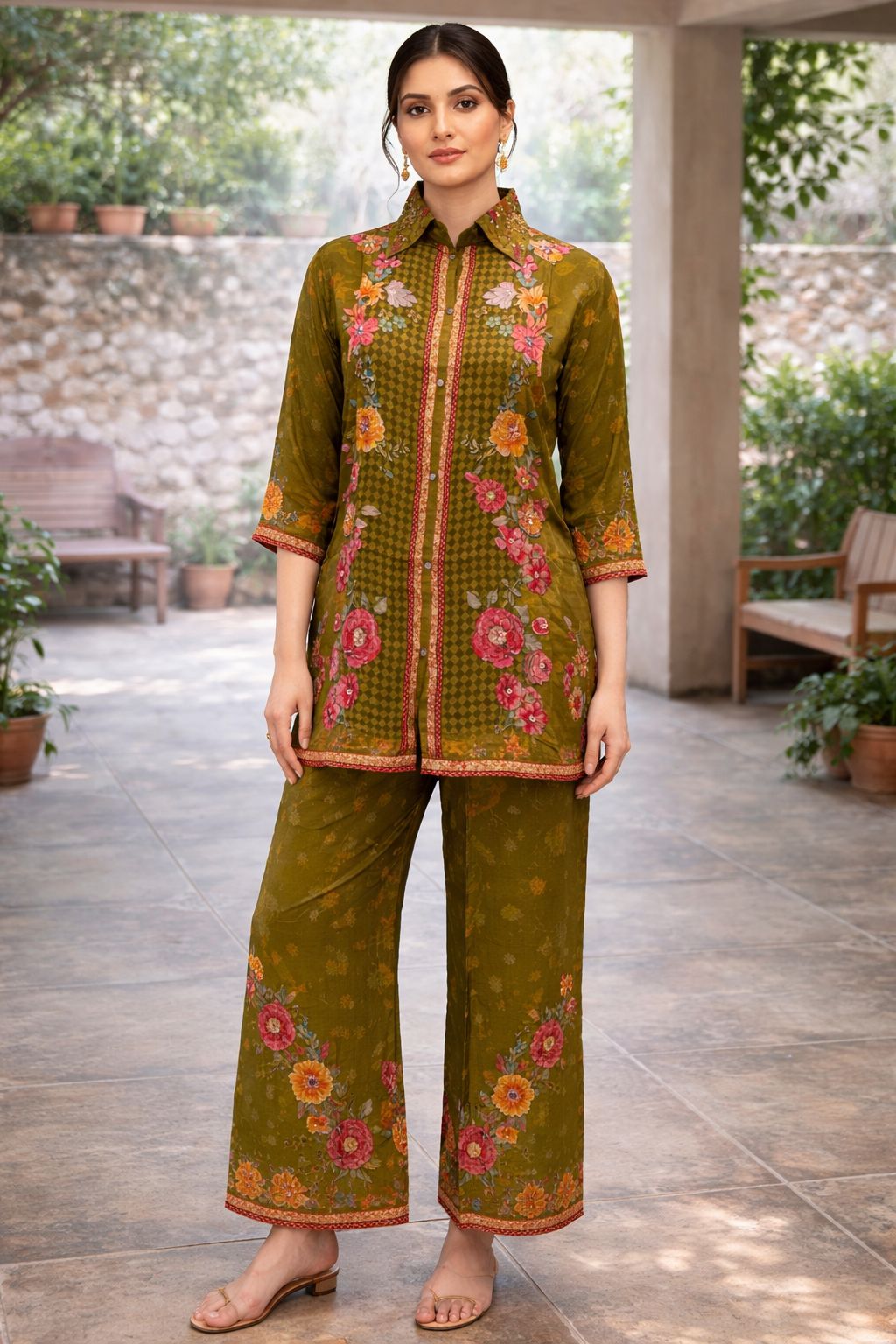 Olive Green Floral Printed Co-ord Set