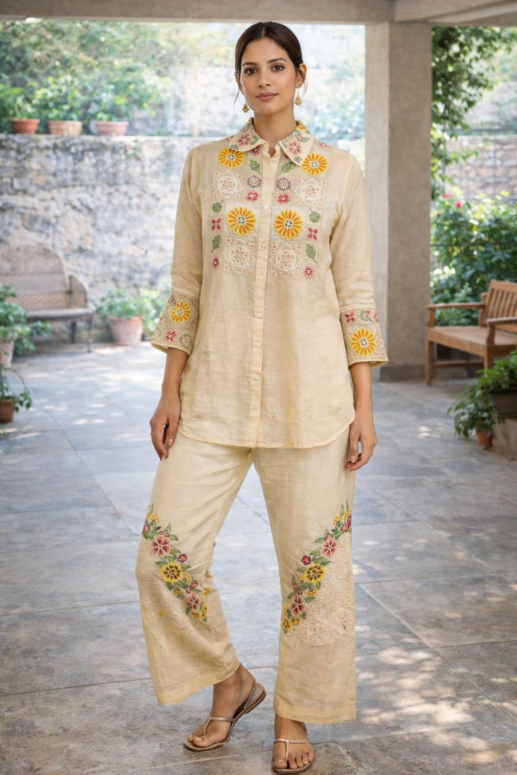 Beige Floral Embroidered Co-ord Set