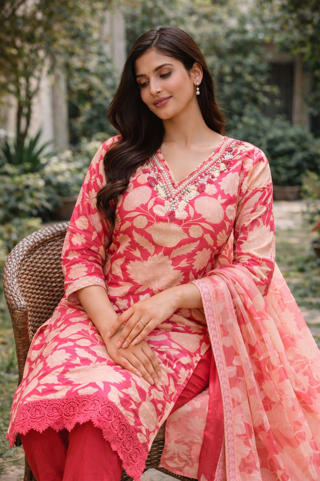 Coral Pink Muslin Printed Dress with Mirror Embroidery – Elegant Festive Wear