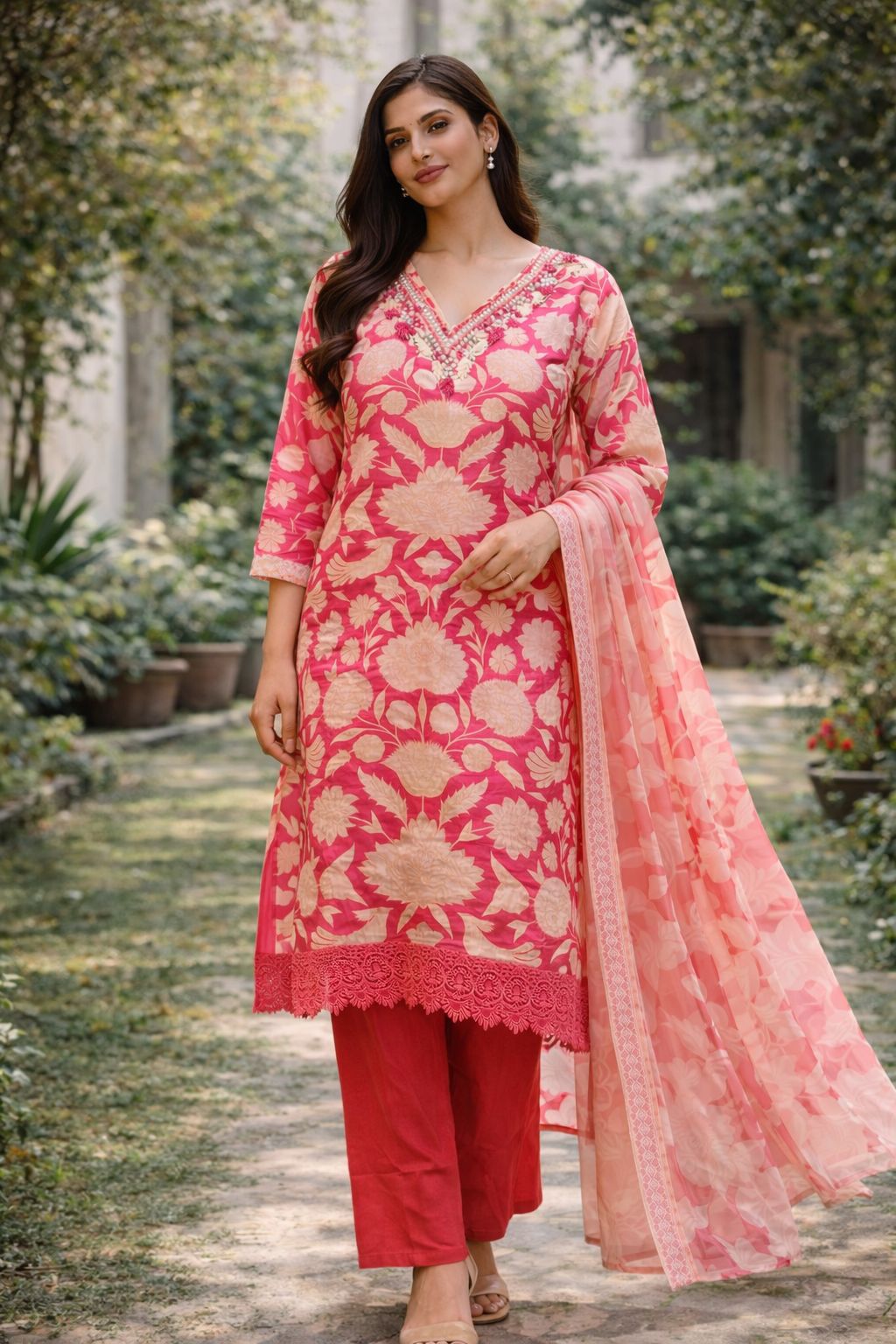 Coral Pink Muslin Printed Dress with Mirror Embroidery – Elegant Festive Wear