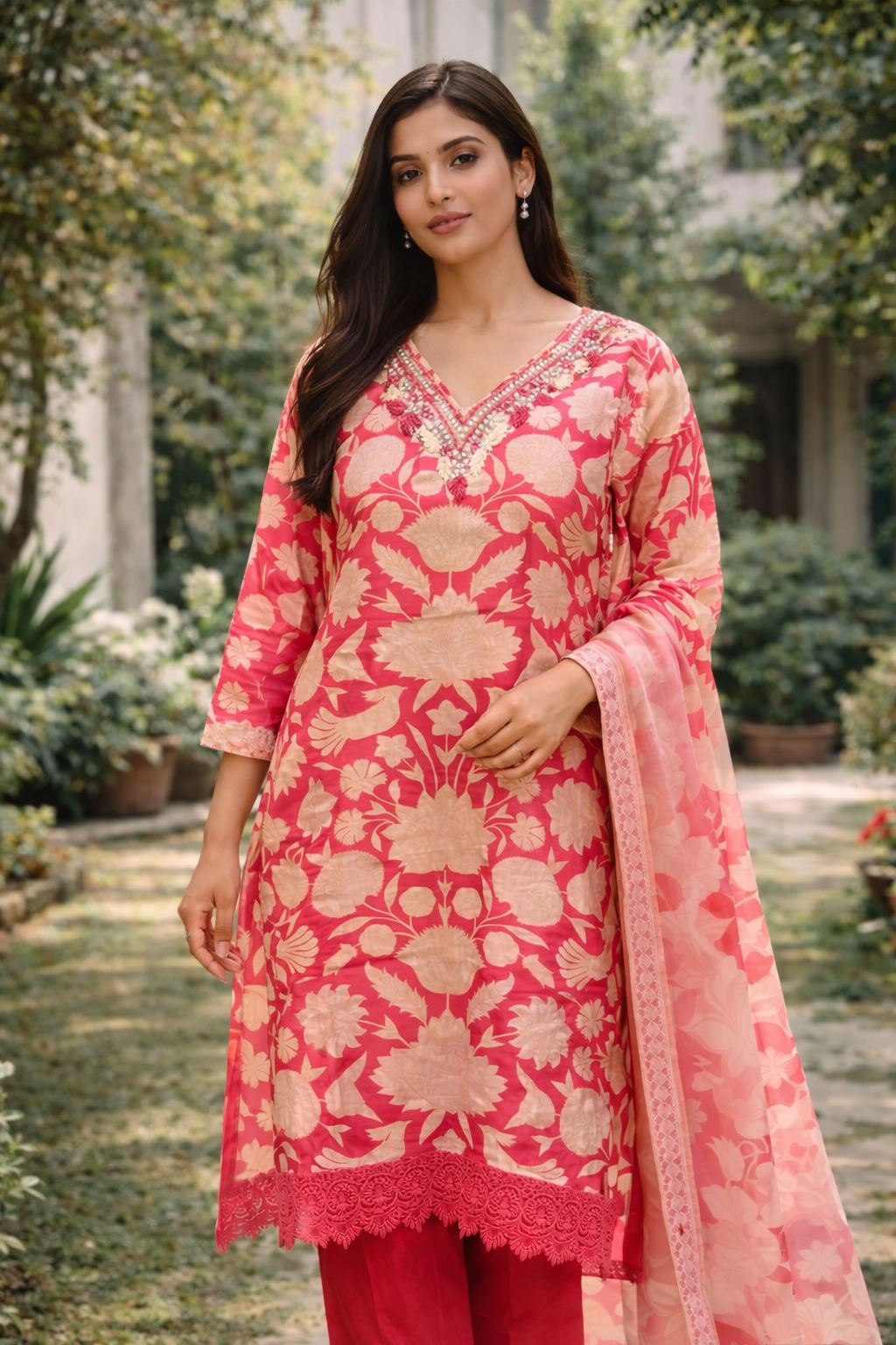 Coral Pink Muslin Printed Dress with Mirror Embroidery – Elegant Festive Wear