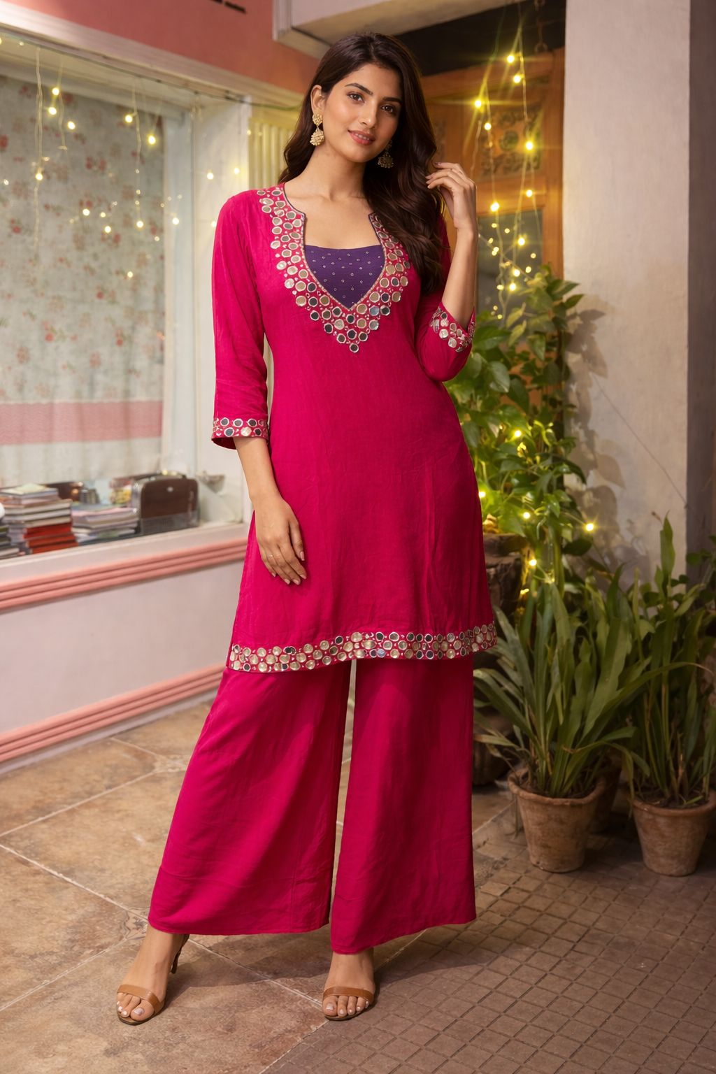 Fuchsia Mirror Work Kurta Palazzo Set