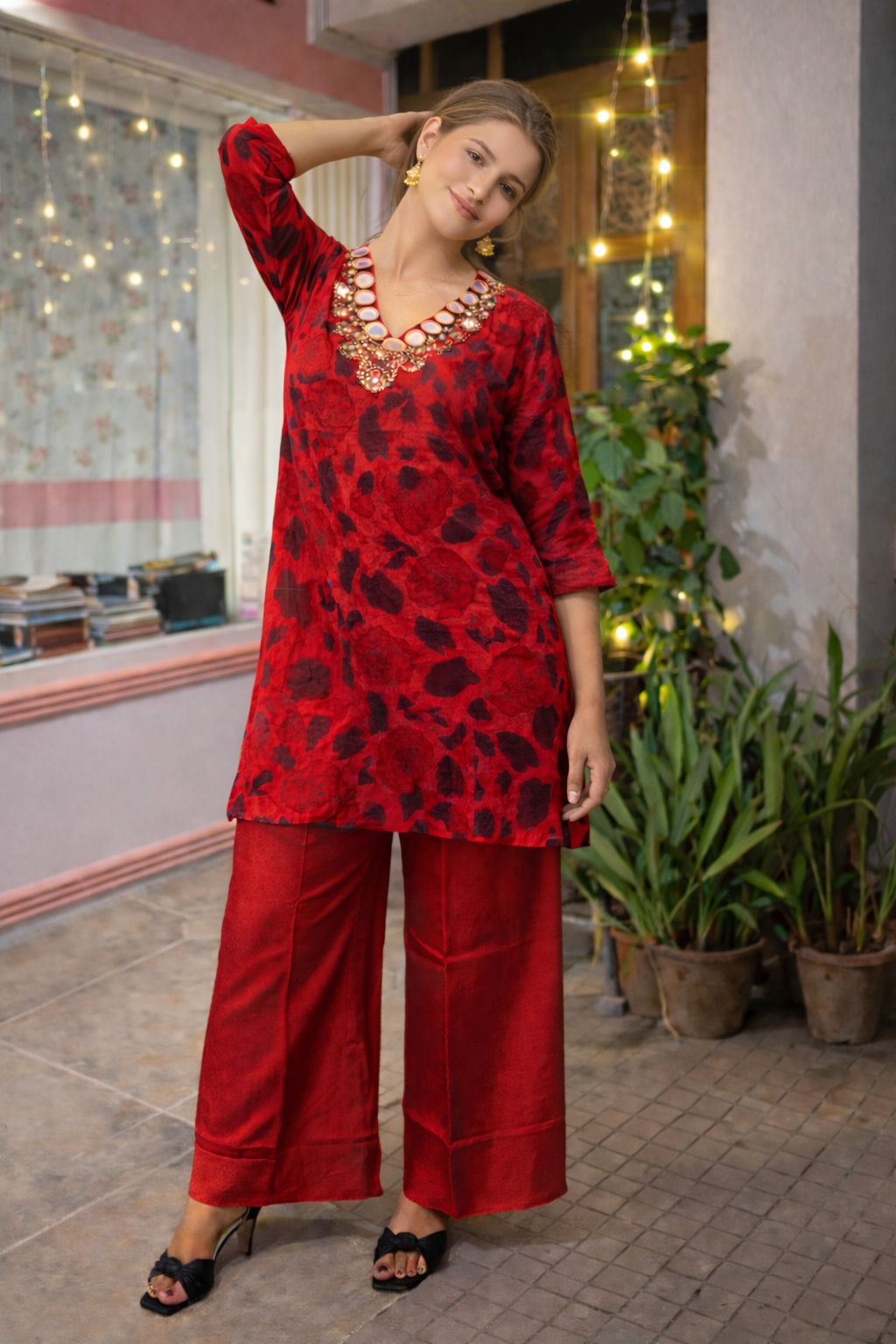 Red Floral Kurta Palazzo Set with Embellished Neckline