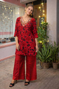 Red Floral Kurta Palazzo Set with Embellished Neckline