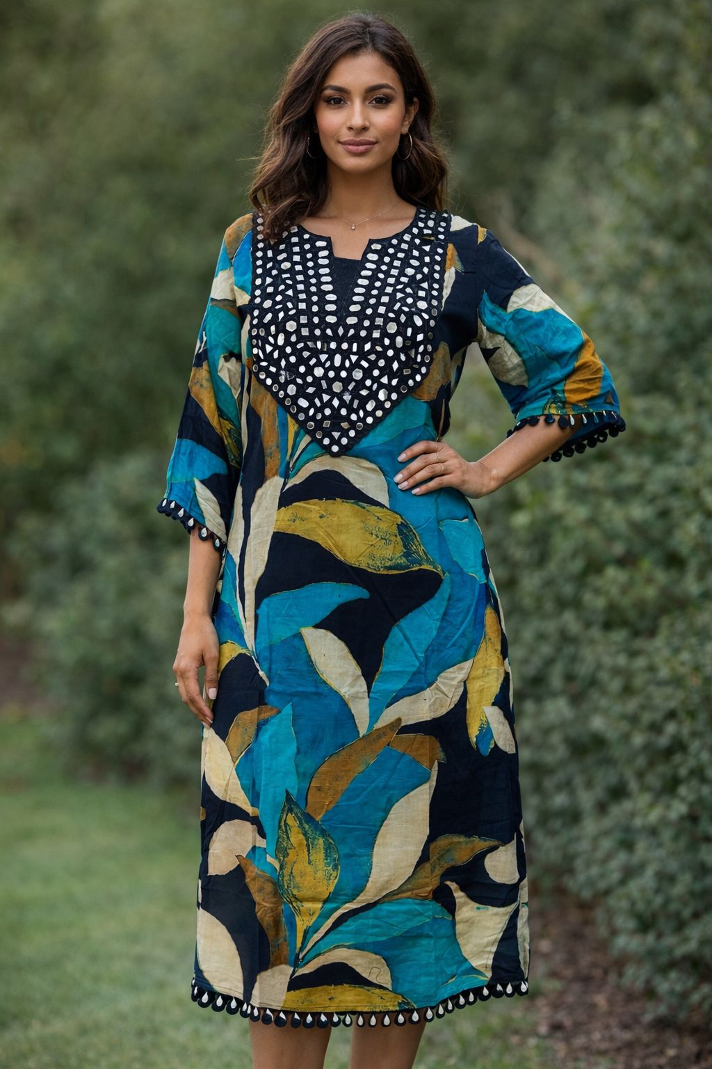 Blue Leaf Print Kurta Set with Mirror Work Yoke
