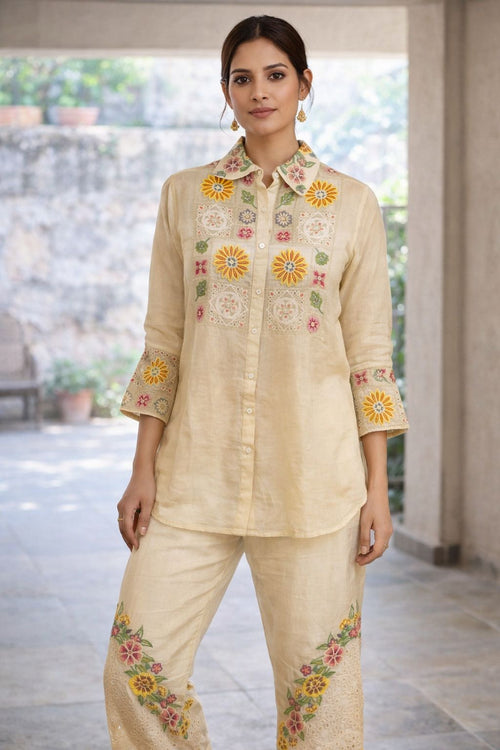 Beige Floral Embroidered Co-ord Set