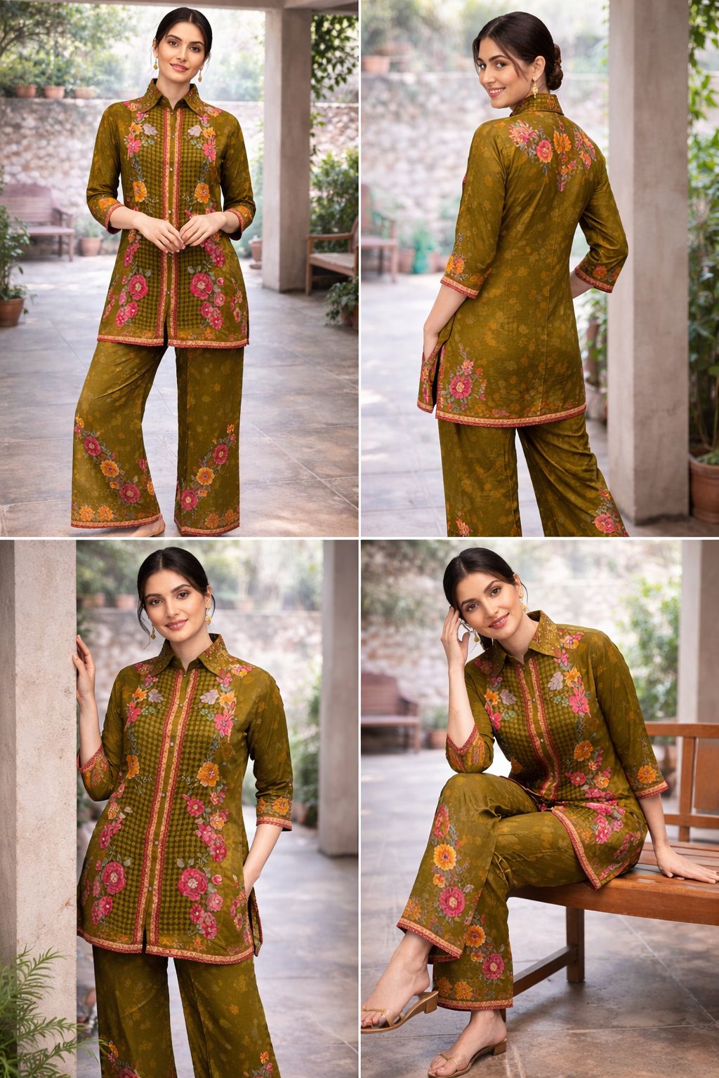 Olive Green Floral Printed Co-ord Set