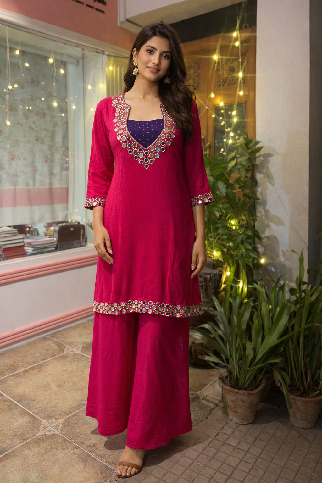 Fuchsia Mirror Work Kurta Palazzo Set