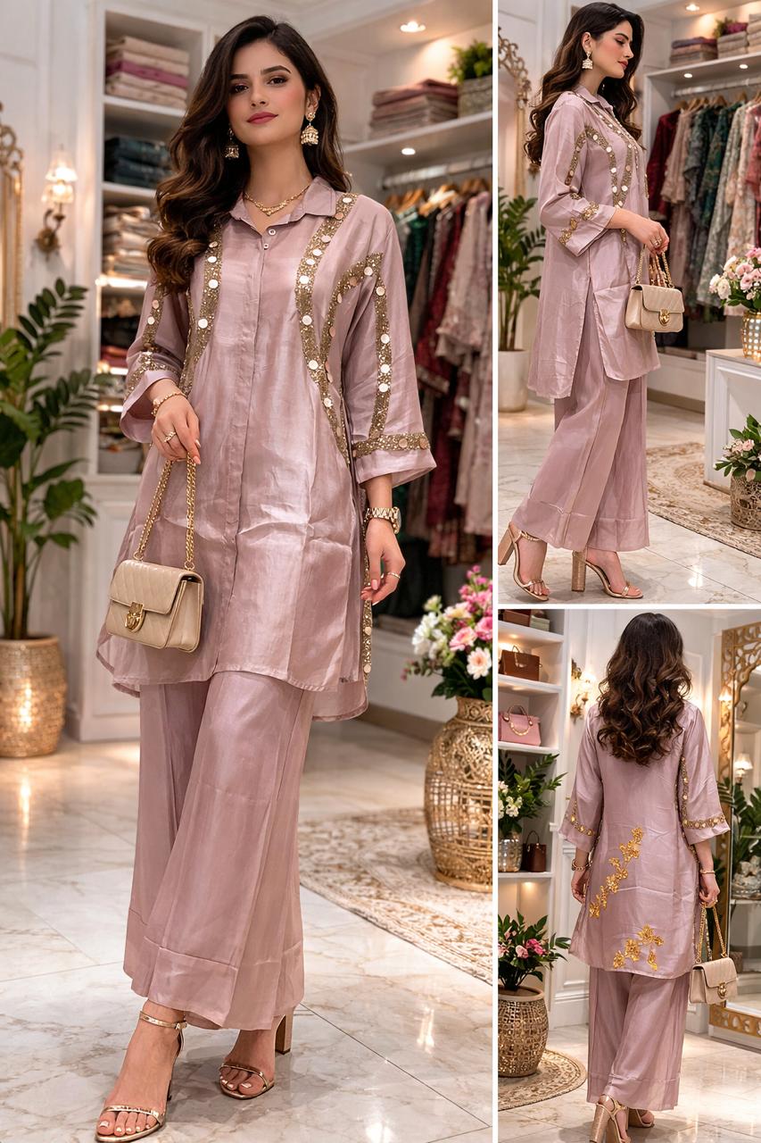 Oyster Pink Hand-Embroidered Co-ord Set in Dola Silk