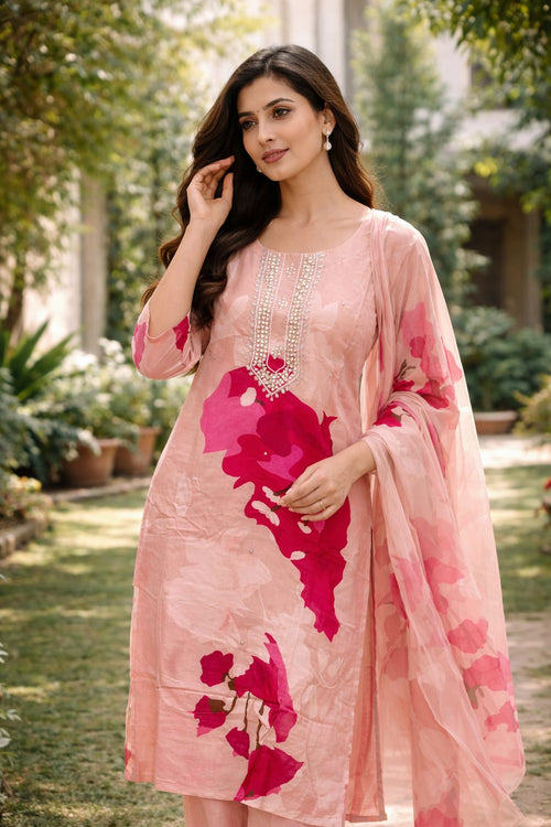 Dola Silk Floral Printed Dress with Mirror Embroidery – Designer Festive Wear