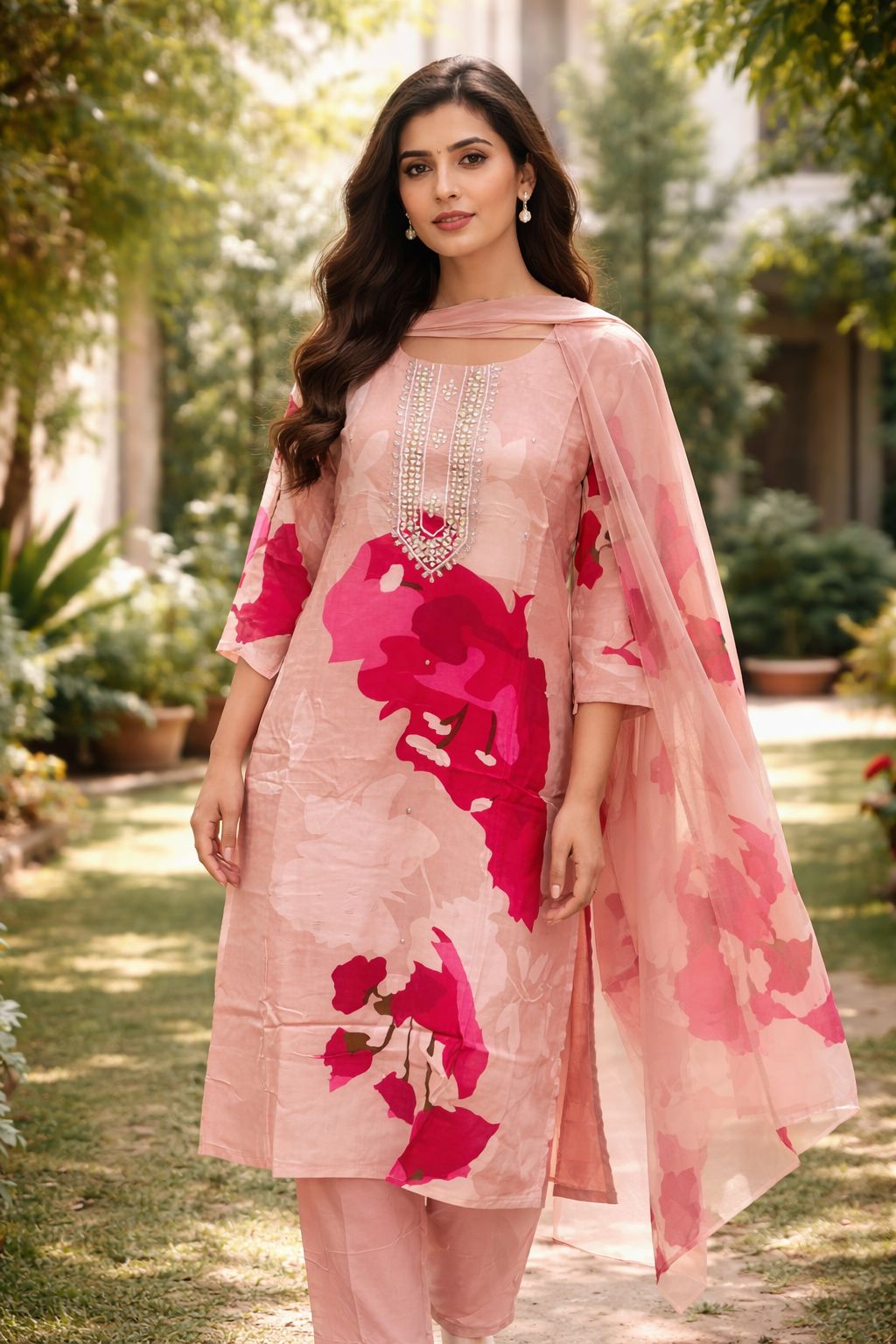 Dola Silk Floral Printed Dress with Mirror Embroidery – Designer Festive Wear