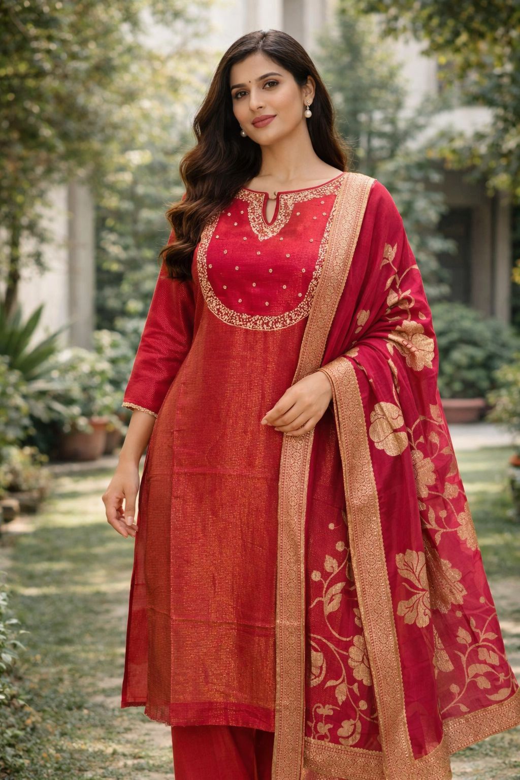 Fuchsia Pink Self-Stripe Tissue Dress with Sequin Embroidery &amp; Jaal Dupatta – Designer Festive Wear