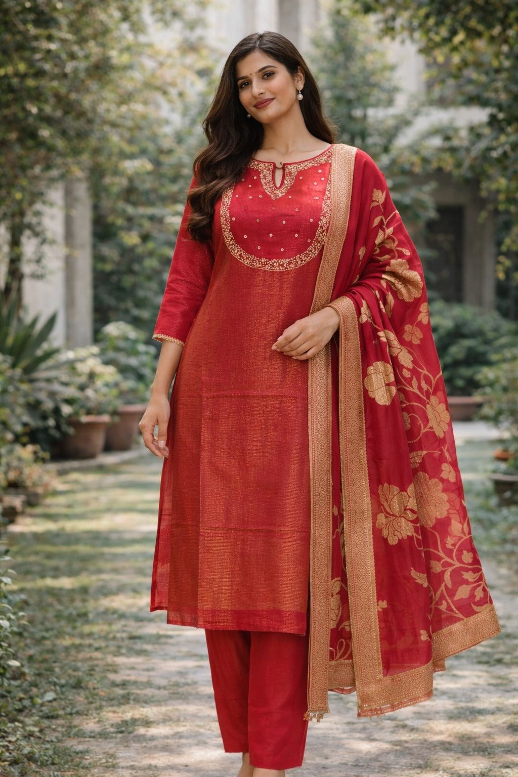 Fuchsia Pink Self-Stripe Tissue Dress with Sequin Embroidery &amp; Jaal Dupatta – Designer Festive Wear