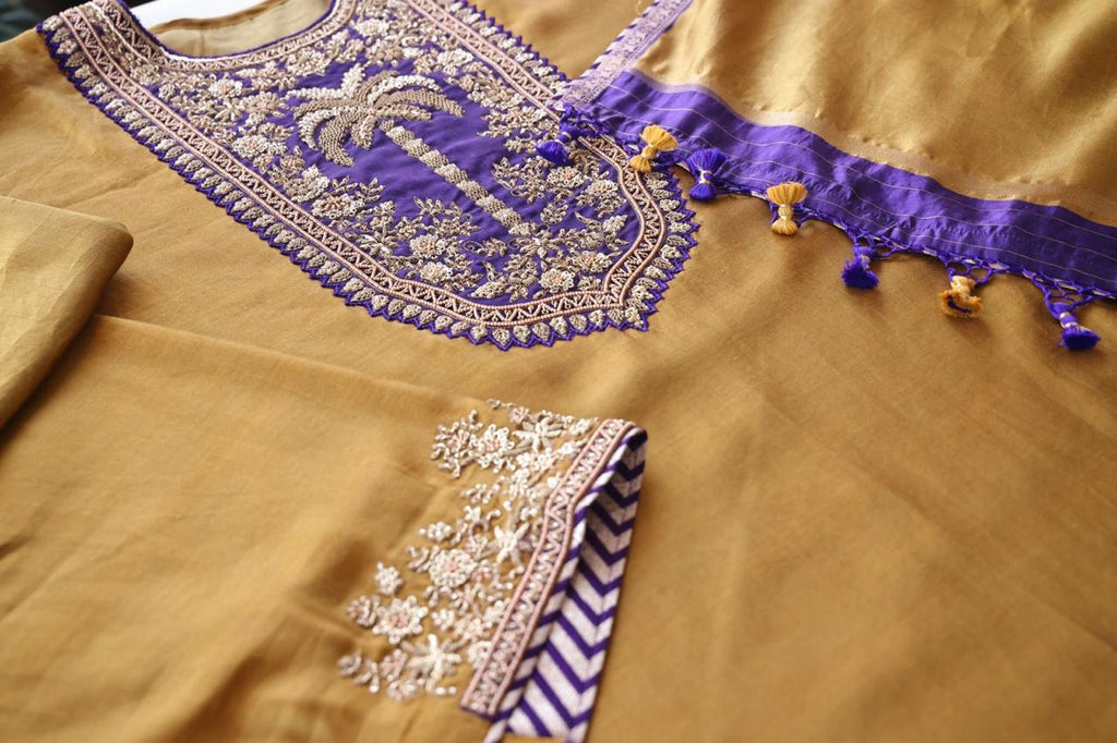Sandhya Reddy - Silk Chanderi Handcrafted Semi-Stitched 3-Piece Suit Set with Contrast Purple Neckline and Banarasi Daman