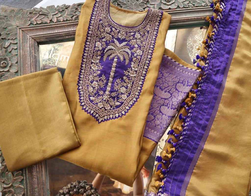 Sandhya Reddy - Silk Chanderi Handcrafted Semi-Stitched 3-Piece Suit Set with Contrast Purple Neckline and Banarasi Daman