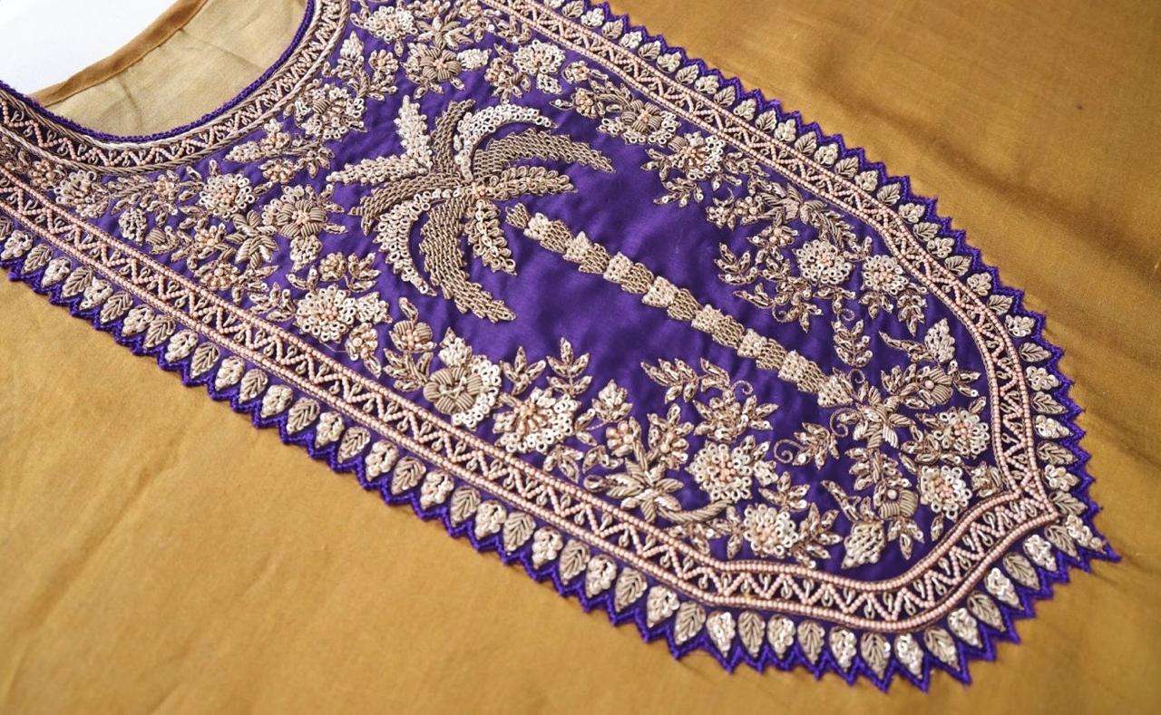 Sandhya Reddy - Silk Chanderi Handcrafted Semi-Stitched 3-Piece Suit Set with Contrast Purple Neckline and Banarasi Daman
