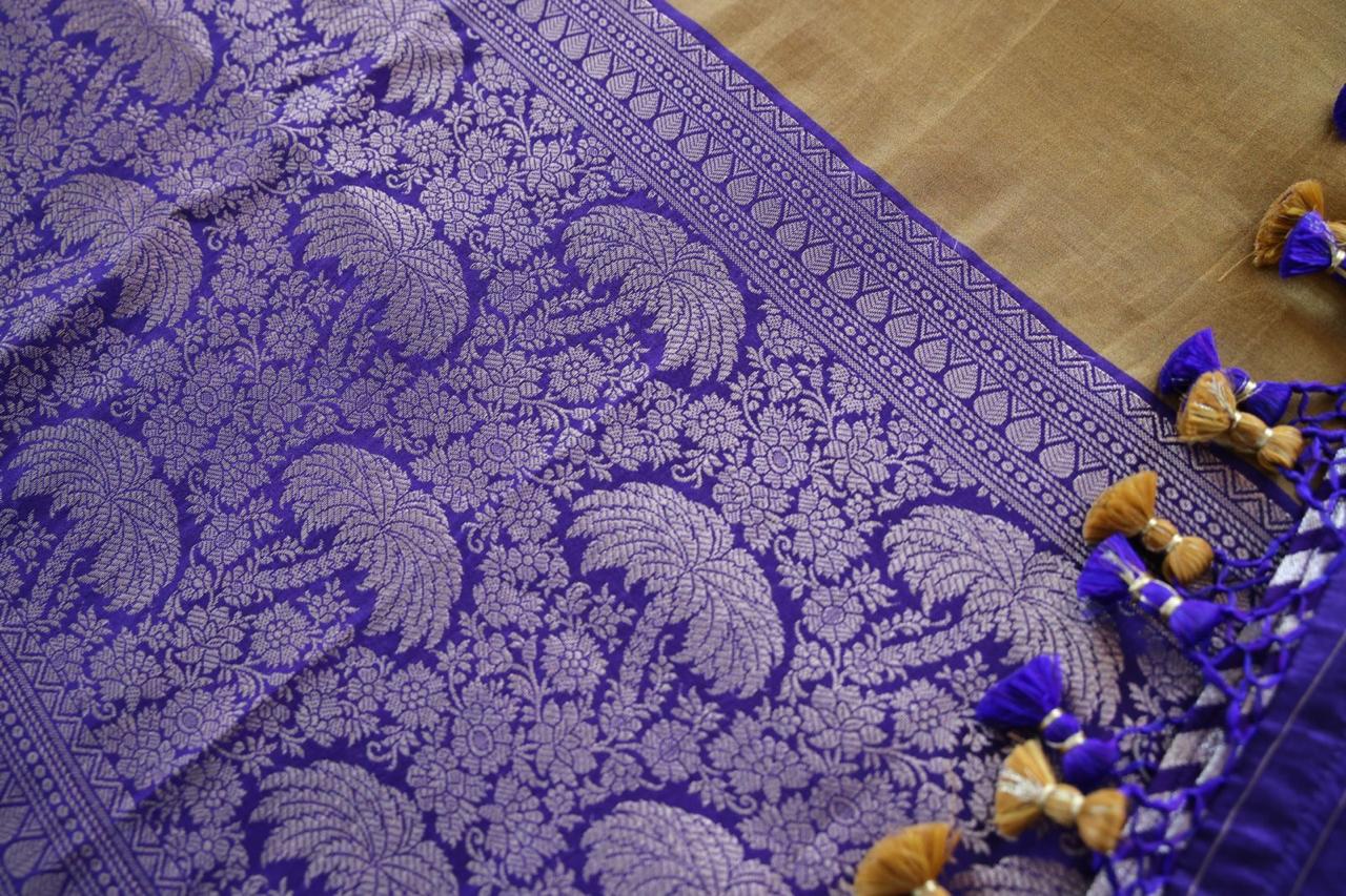 Sandhya Reddy - Silk Chanderi Handcrafted Semi-Stitched 3-Piece Suit Set with Contrast Purple Neckline and Banarasi Daman