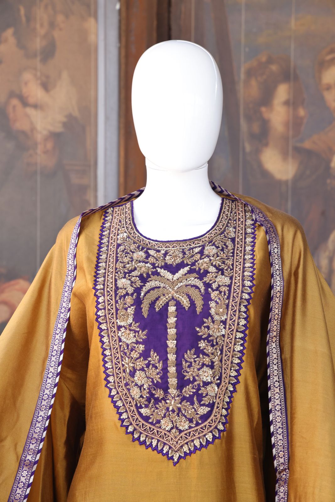 Sandhya Reddy - Silk Chanderi Handcrafted Semi-Stitched 3-Piece Suit Set with Contrast Purple Neckline and Banarasi Daman