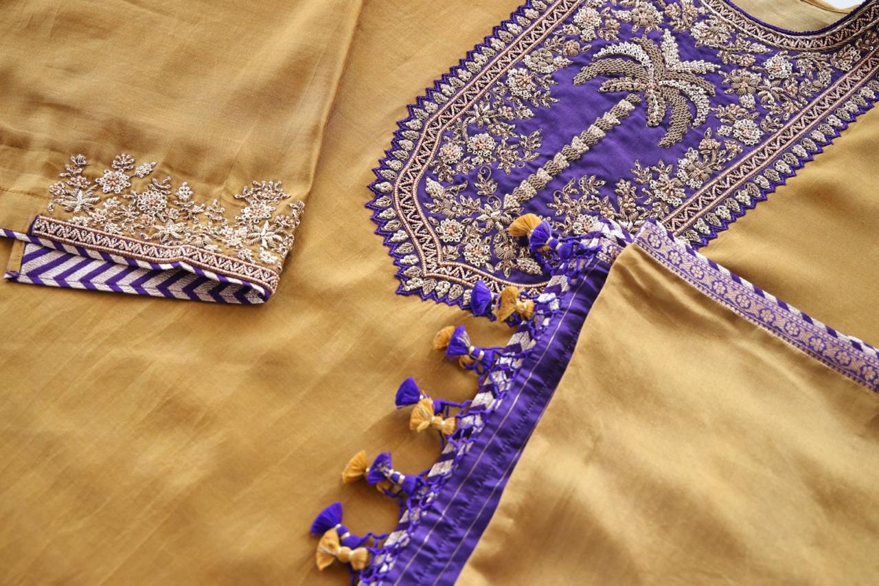 Sandhya Reddy - Silk Chanderi Handcrafted Semi-Stitched 3-Piece Suit Set with Contrast Purple Neckline and Banarasi Daman