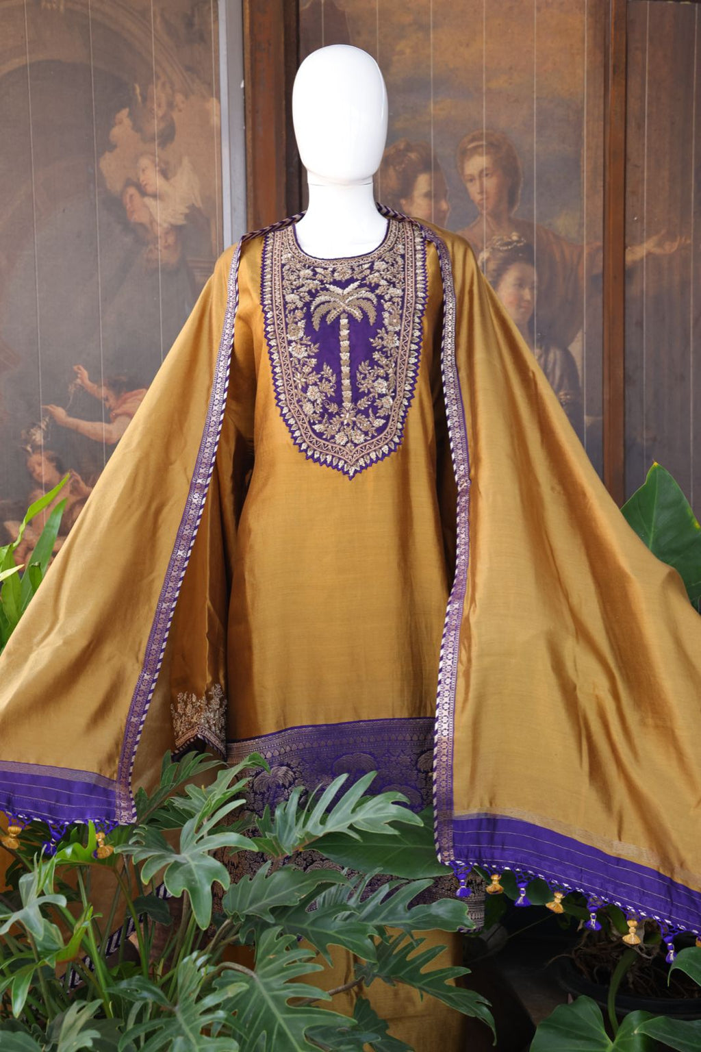 Sandhya Reddy - Silk Chanderi Handcrafted Semi-Stitched 3-Piece Suit Set with Contrast Purple Neckline and Banarasi Daman