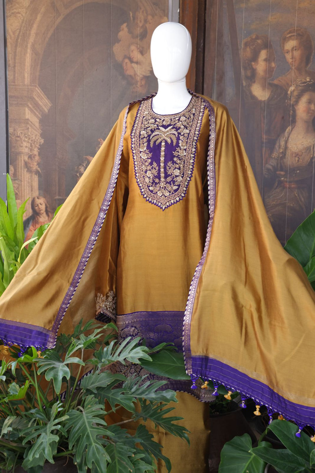 Sandhya Reddy - Silk Chanderi Handcrafted Semi-Stitched 3-Piece Suit Set with Contrast Purple Neckline and Banarasi Daman