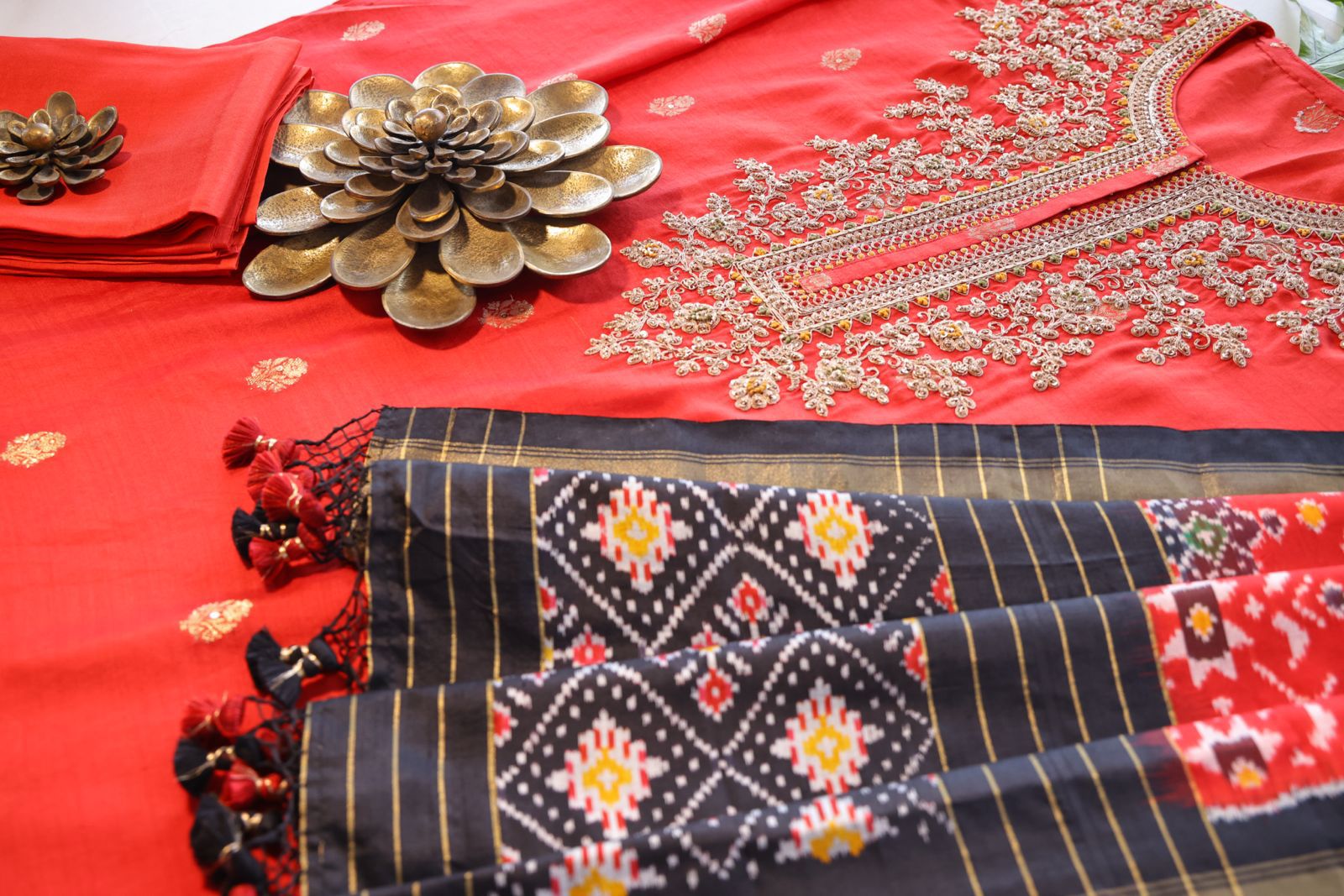 Sandhya Reddy - Blaze Red Pure Banarasi Semi-Stitched Suit Set with Dabka, Zardozi Work and Handwoven Silk Ikkat Dupatta