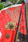 Sandhya Reddy - Blaze Red Pure Banarasi Semi-Stitched Suit Set with Dabka, Zardozi Work and Handwoven Silk Ikkat Dupatta