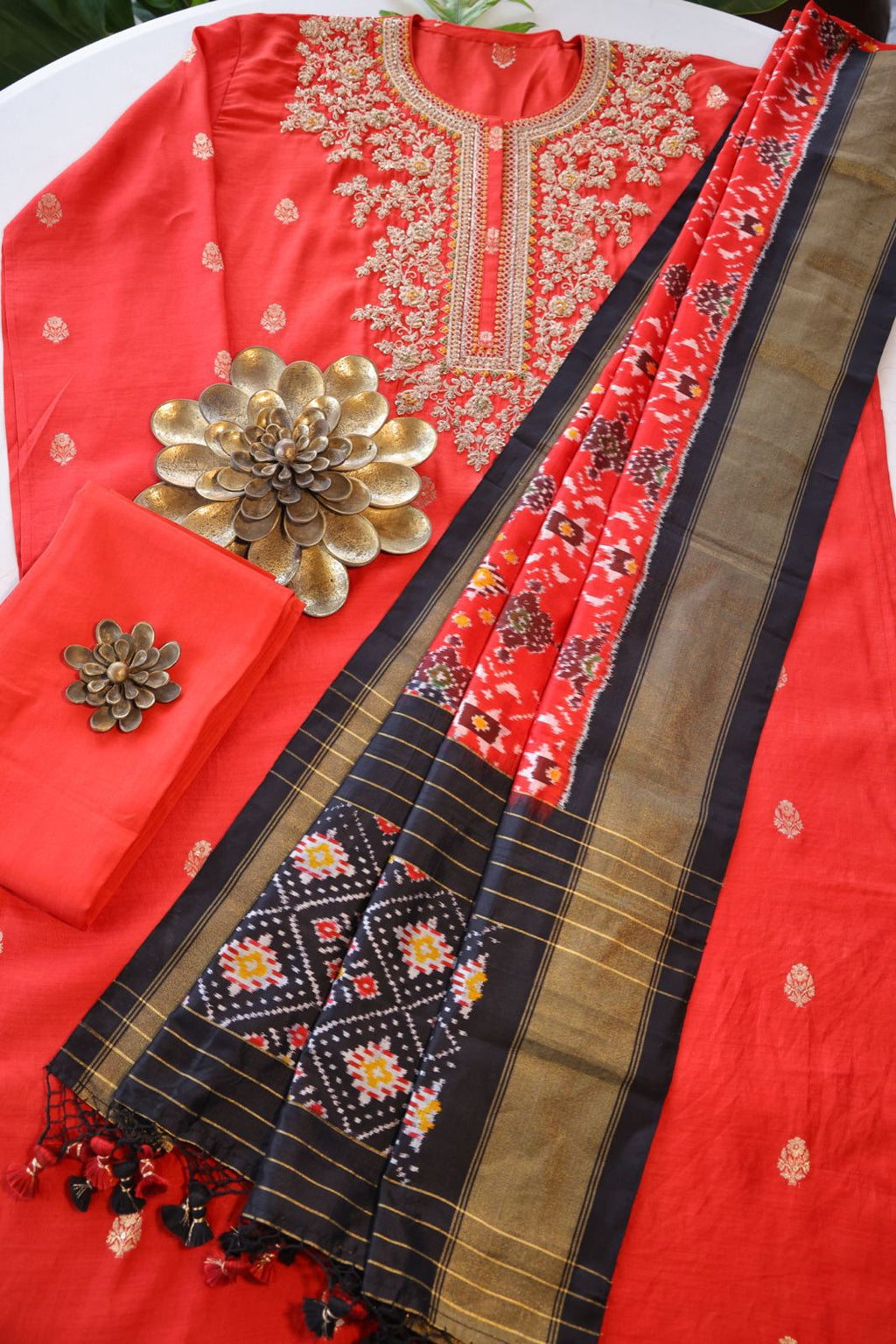 Sandhya Reddy - Blaze Red Pure Banarasi Semi-Stitched Suit Set with Dabka, Zardozi Work and Handwoven Silk Ikkat Dupatta