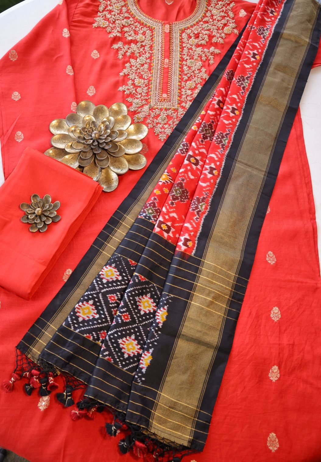 Sandhya Reddy - Blaze Red Pure Banarasi Semi-Stitched Suit Set with Dabka, Zardozi Work and Handwoven Silk Ikkat Dupatta