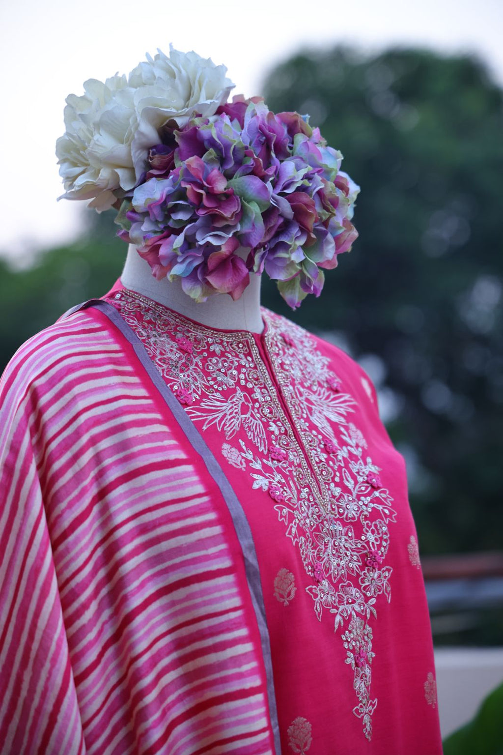 Sandhya Reddy - Fuchsia Pink Pure Silk Banarasi Semi-Stitched Suit Set with Zari Pittayi, Sequin Handwork and Pure Silk Leheriya Dupatta