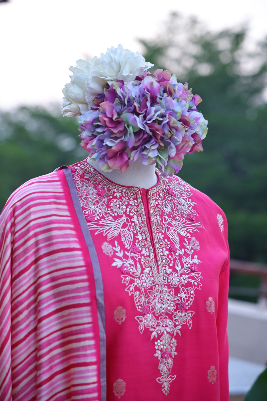 Sandhya Reddy - Fuchsia Pink Pure Silk Banarasi Semi-Stitched Suit Set with Zari Pittayi, Sequin Handwork and Pure Silk Leheriya Dupatta