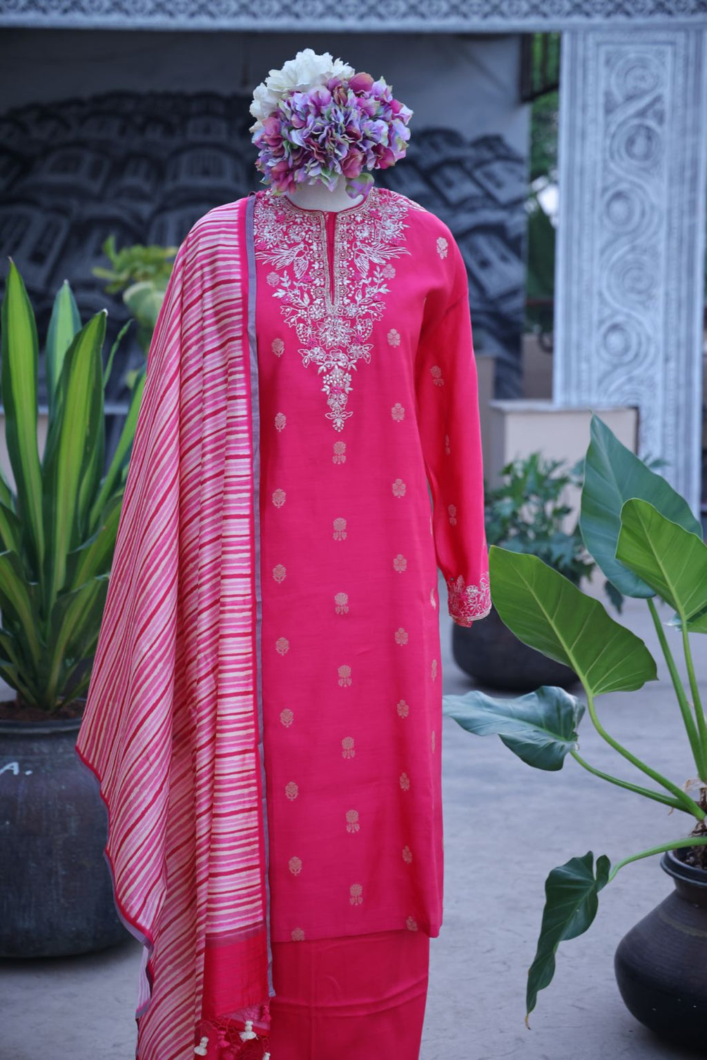 Sandhya Reddy - Fuchsia Pink Pure Silk Banarasi Semi-Stitched Suit Set with Zari Pittayi, Sequin Handwork and Pure Silk Leheriya Dupatta