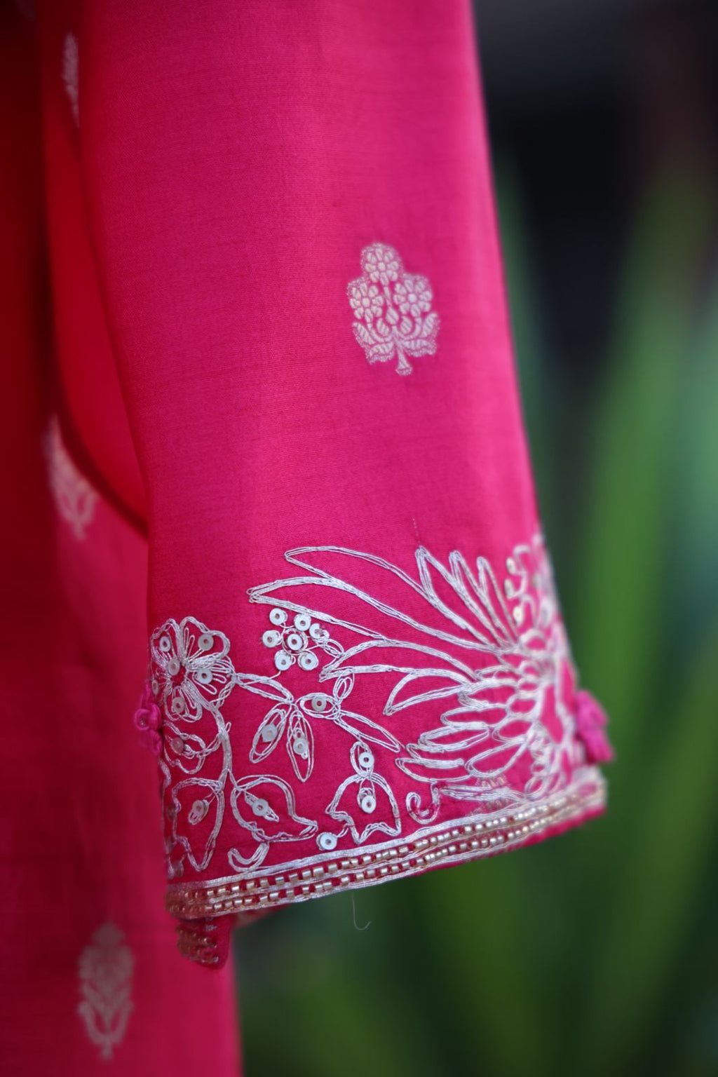 Sandhya Reddy - Fuchsia Pink Pure Silk Banarasi Semi-Stitched Suit Set with Zari Pittayi, Sequin Handwork and Pure Silk Leheriya Dupatta