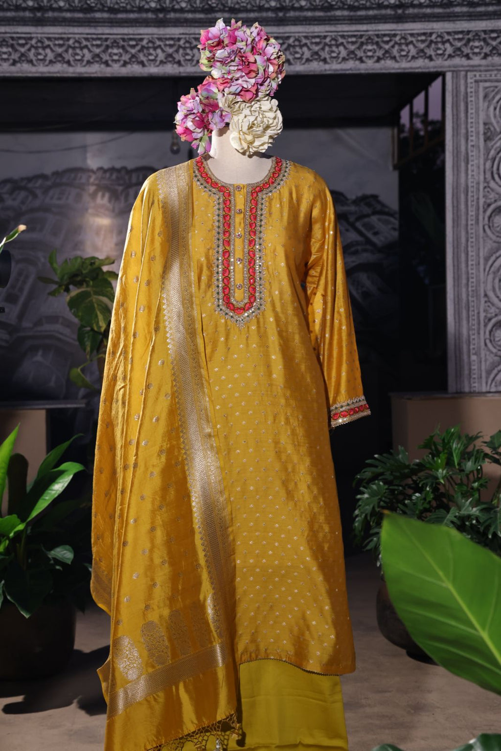 Sandhya Reddy - Golden Yellow Pure Silk Banarasi Semi-Stitched Suit Set with Zari and Resham Embroidery and Handwoven Banarasi Dupatta