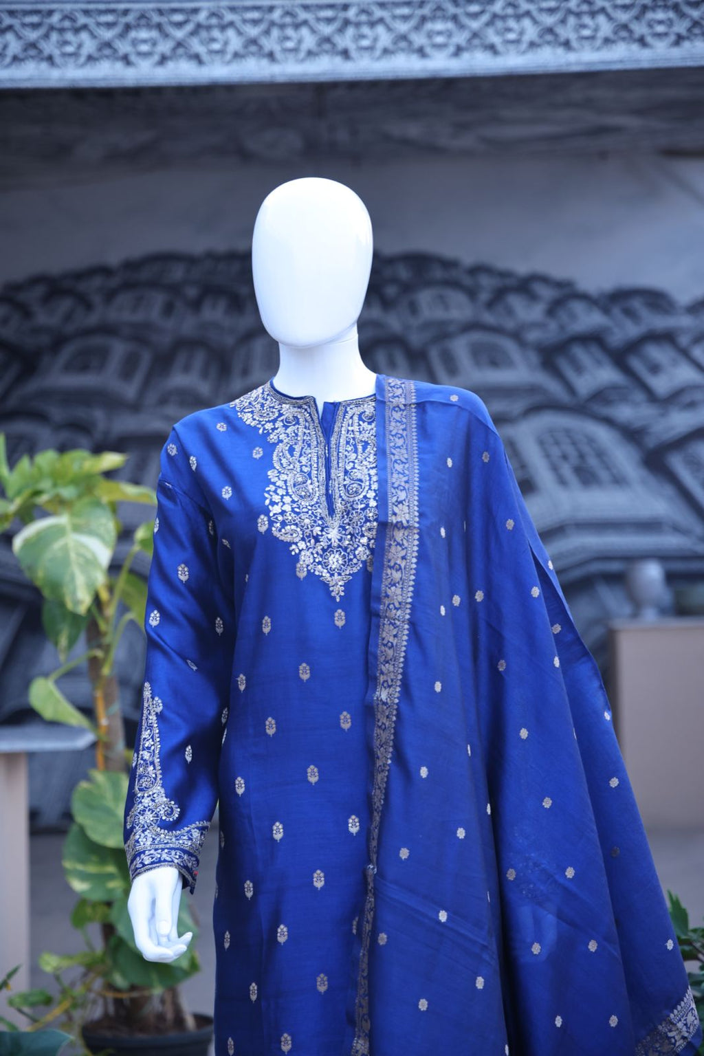 Sandhya Reddy - Royal Blue Pure Silk Banarasi Handloom Semi-Stitched Suit Set with Dabka, Sequin Handwork, Matching Woven Silk Dupatta and Lowers
