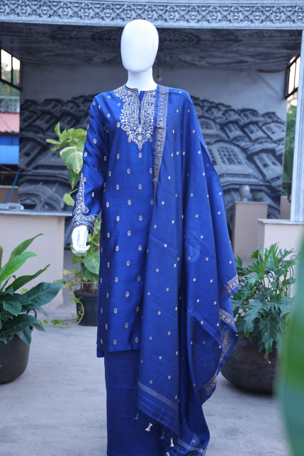 Sandhya Reddy - Royal Blue Pure Silk Banarasi Handloom Semi-Stitched Suit Set with Dabka, Sequin Handwork, Matching Woven Silk Dupatta and Lowers