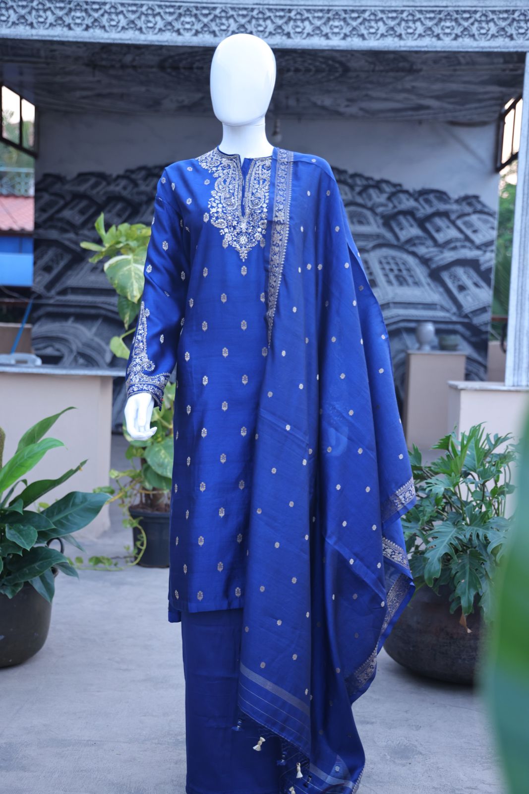 Sandhya Reddy - Royal Blue Pure Silk Banarasi Handloom Semi-Stitched Suit Set with Dabka, Sequin Handwork, Matching Woven Silk Dupatta and Lowers