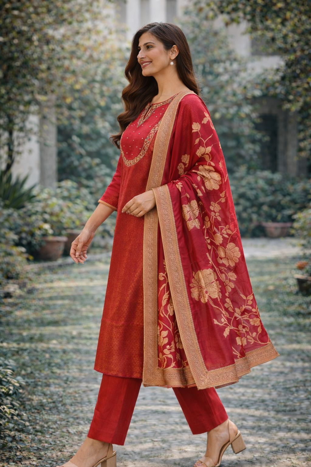 Fuchsia Pink Self-Stripe Tissue Dress with Sequin Embroidery &amp; Jaal Dupatta – Designer Festive Wear