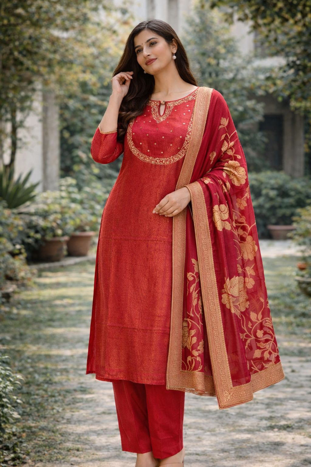 Fuchsia Pink Self-Stripe Tissue Dress with Sequin Embroidery &amp; Jaal Dupatta – Designer Festive Wear