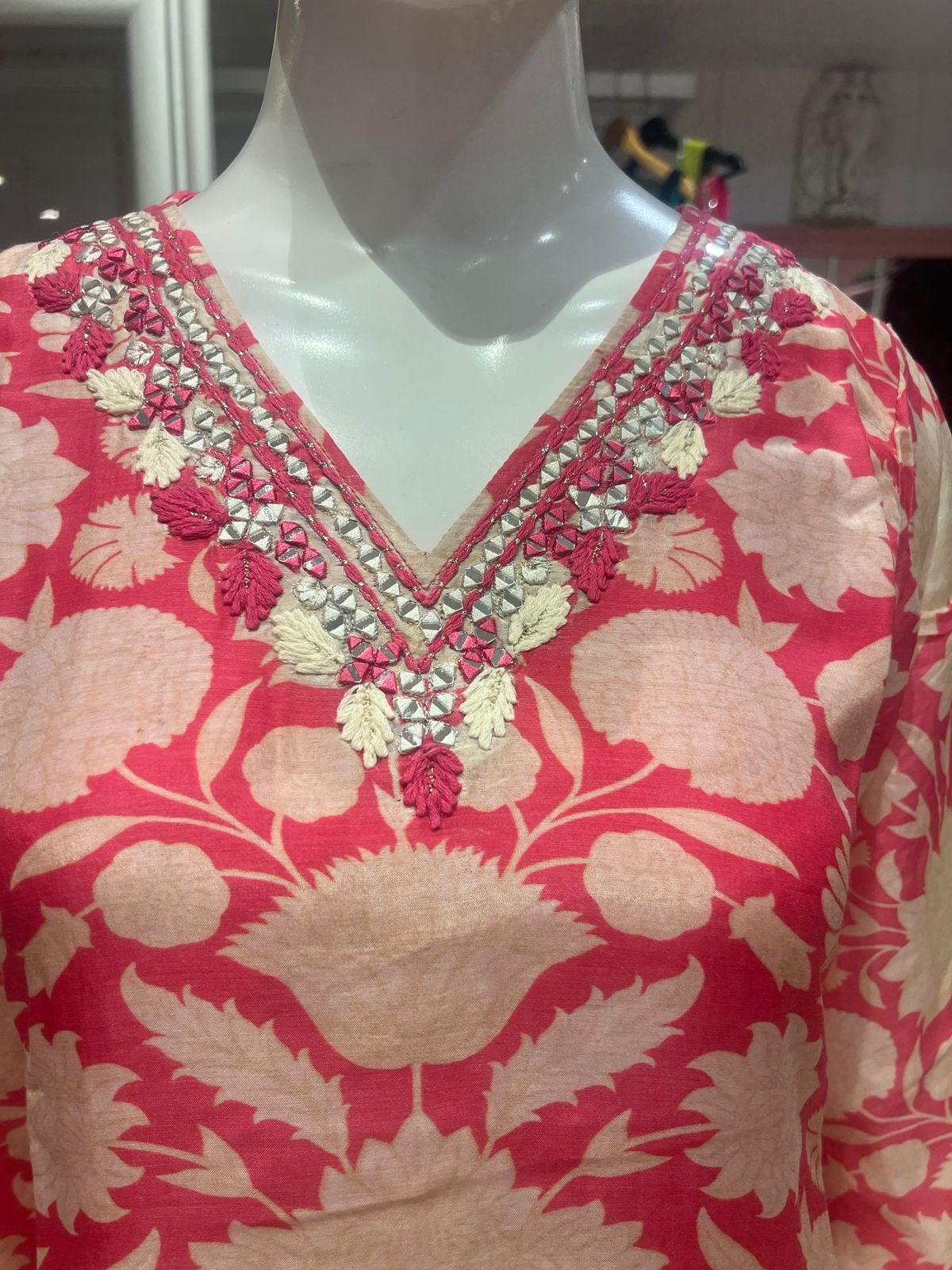 Coral Pink Muslin Printed Dress with Mirror Embroidery – Elegant Festive Wear