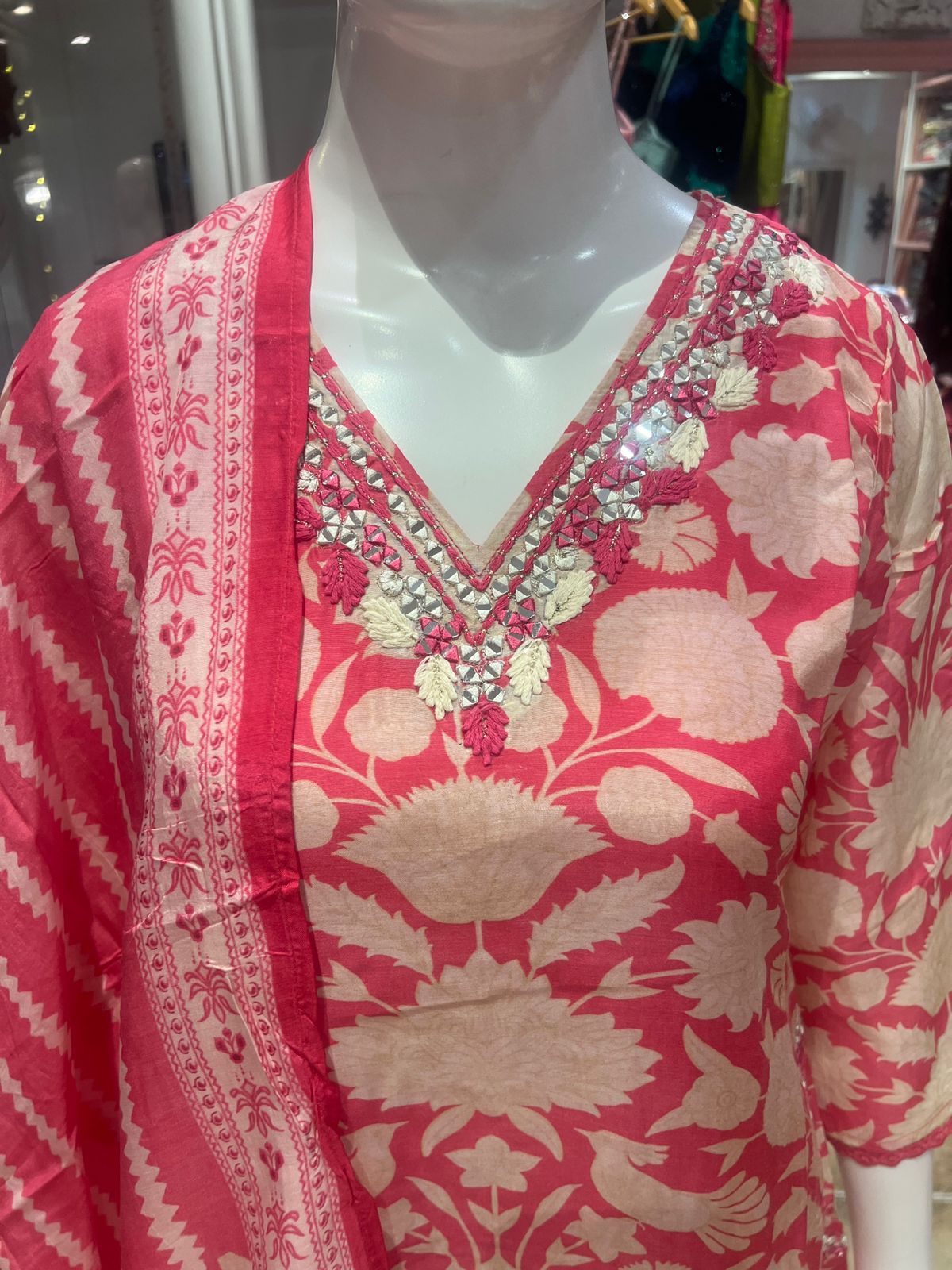 Coral Pink Muslin Printed Dress with Mirror Embroidery – Elegant Festive Wear