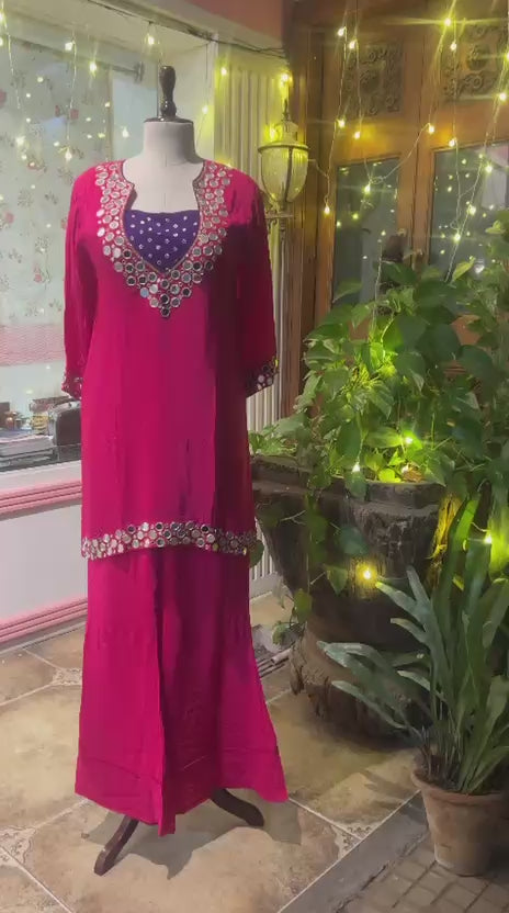 Fuchsia Mirror Work Kurta Palazzo Set