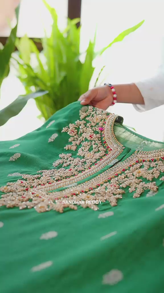 Sandhya Reddy - Bottle Green Pure Banarasi Silk Semi-Stitched Suit Set with Dabka, Dori and Zardozi Work with Contrast Rani Pink Handwoven Ikkat Dupatta