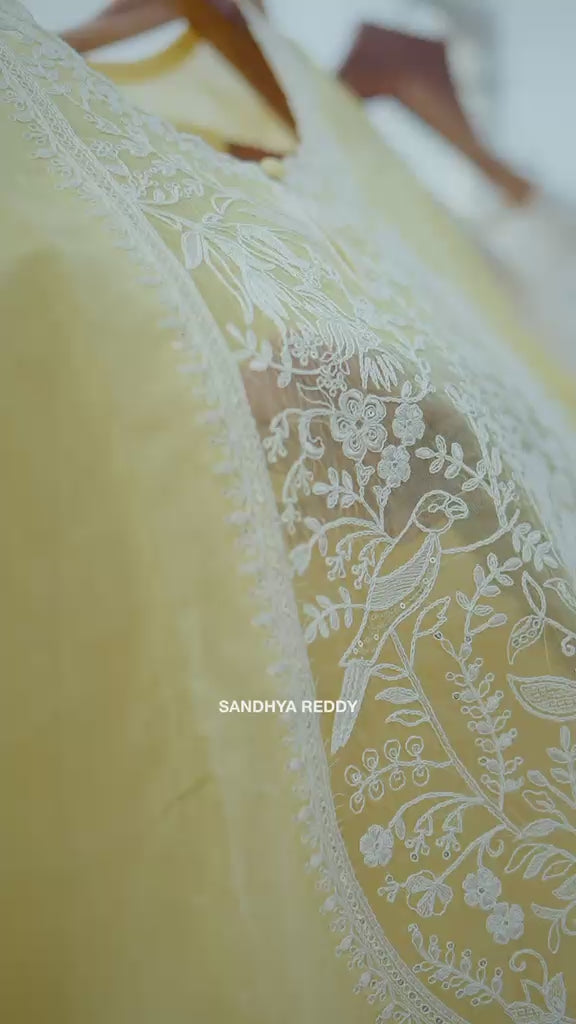 Sandhya Reddy -  Pastel Soft Mul Chanderi Semi-Stitched Suit Set with Embroidered Organza Panels, Scalloped Dupatta and Bottom